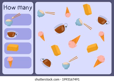 Kids mathematical mini game - count how many foods - rice, tea, cracker, ice cream. Educational games for children. Cartoon design template on colorful backdrop. Vector graphic.