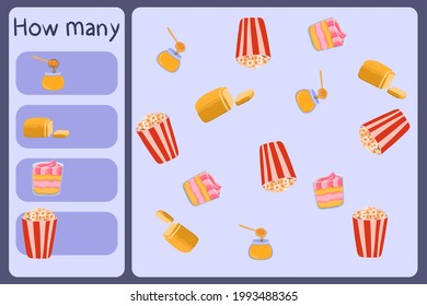 Kids mathematical mini game - count how many foods - honey, bread, dessert, popcorn. Educational games for children. Cartoon design template on colorful backdrop. Vector graphic.