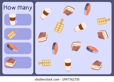Kids mathematical mini game - count how many foods - latte, varenyky, salmon, beacon. Educational games for children. Cartoon design template on colorful backdrop. Vector graphic.