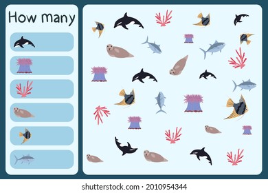 Kids mathematical mini game - count how many sea animals - killer whale, anemone, coral, seal, scalar, tuna. Educational games for children. Cartoon design template on colorful backdrop. 