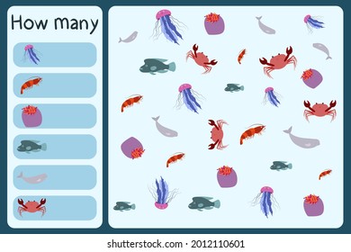 Kids mathematical mini game - count how many sea animals - jellyfish, shrimp, anemone, humphead wrasse, beluga whale, crab. Educational games for children. Cartoon design template