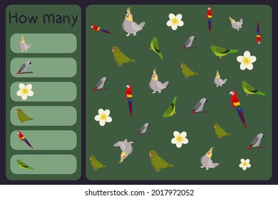 Kids mathematical mini game - count how many parrots and tropical florals - cockatiel, jaco, flower, macaw. Educational games for children. Cartoon design template on colorful backdrop.