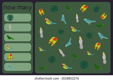 Kids mathematical mini game - count how many parrots and tropical florals - monstera, cockatiel, ectectus, lovebirds and barred parakeet. Educational games for children. Cartoon design template