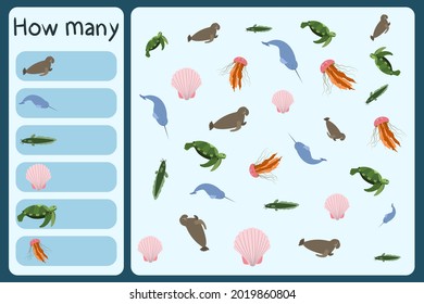 Kids mathematical mini game - count how many sea animals - sea elephant, narwhale, catfish, shall, turtle, jellyfish. Educational games for children. Cartoon design template on colorful backdrop.