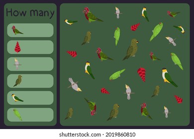 Kids mathematical mini game - count how many parrots and tropical florals - red fan, cockatiel, kea, black headed, rose ringed. Educational games for children. Cartoon design template