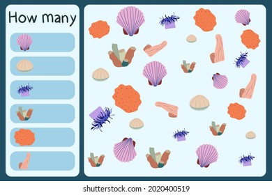 Kids mathematical mini game - count how many sea animals - shall, anemone, sponge, coral. Educational games for children. Cartoon design template on colorful backdrop. Vector graphic.