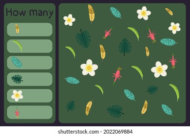 Kids mathematical mini game - count how many tropical florals - monstera, fuchsia, feather, banana leaf. Educational games for children. Cartoon design template