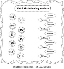 kids mathematics worksheet : matching number (11 to 20)