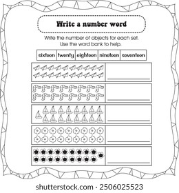 Hoja de cálculo de matemáticas para niños: escribir palabra numérica (actividad 1)