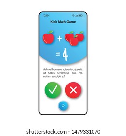 Kids maths smartphone interface vector template. Mobile app page white and blue design layout. Arithmetics game screen. Flat UI for application. Teaching children counting phone display

