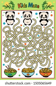 Kids maze. Children labyrinth kids game with cute pandas. Activity page. Find the right path. Funny riddle. Education worksheet. Vector illustration