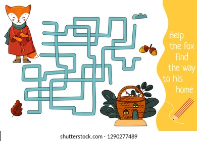 Kids maze. Children labyrinth. Help the fox find the way to his home. Vector file in cartoon style.