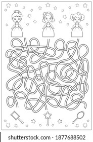 Kids maze coloring active page. Children labyrinth of princesses. Activity page. Find the right path. Funny riddle. Education worksheet. Vector illustration.