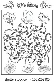 Kids maze coloring page. Children labyrinth kids game with cute insects. Activity page. Find the right path. Funny riddle. Education worksheet. Vector illustration