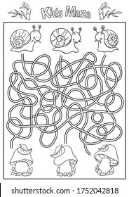 Kids maze and coloring page. Children labyrinth game with cute snails. Activity page. Find the right path. Funny riddle. Education worksheet. Vector illustration