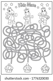 Kids maze and coloring page. Children labyrinth game with cute unicorns. Activity page. Find the right path. Funny riddle. Education worksheet. Vector illustration