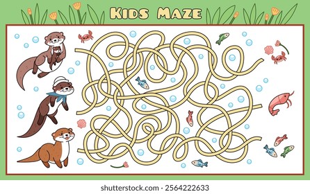 Kids maze with cute animals. Help sea otters get to food, crab, shrimp and fish, paths intertwining, educational game, page for kids book, cartoon flat isolated tidy vector concept