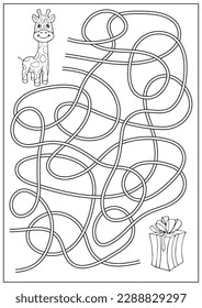 Kids maze game. Children labyrinth and coloring book. Find way education activity page and worksheet with cute giraffe. Cartoon colorful vector illustration.