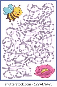 Kids maze game for kids. Children worksheet with cute cartoon bee. Activity page. Educational riddle. Vector illustration.