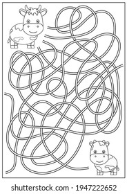 Kids maze game with cow and calf. Coloring book and worksheet. Children activity page. Educational riddle. Vector illustration.