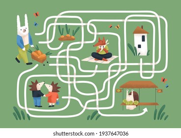 Kids maze game with cute animals in nature. Childish labyrinth puzzle with paths. Logical quest for children's learning and entertainment. Colored flat vector illustration of map with roads