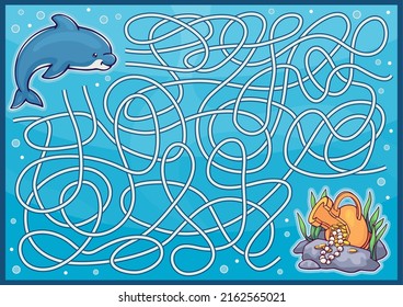 Kids maze game with cute cartoon dolphin. labyrinth with road to treasure of pirate jug with coins. Vector printable children worksheet and activity page. 