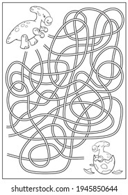 Kids maze game with dinosaurs. Children worksheet and coloring. Activity page. Educational riddle. Vector illustration.