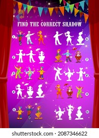 Kids maze game, find correct circus clown shadow, vector find and match riddle. Kids tabletop puzzle board game with funfair carnival or shapito circus clowns, jesters and jokers juggling on unicycle