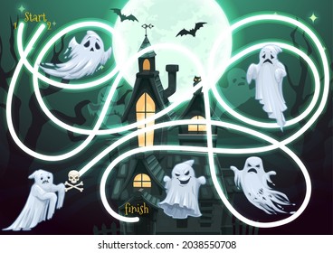 Juegos de laberinto para niños con personajes fantasmas de Halloween en un asustado castillo por la noche. El rompecabezas del laberinto vectorial encuentra la forma correcta de jugar en el tablero. Los niños se encargan de recorrer un camino enredado. acertijo educativo preescolar