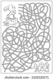 Kids maze game labyrinth activity with cute bunny. Vector puzzle and education fun. Coloring actives worksheet and riddle for children.