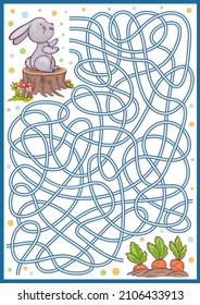 Kids maze game. Labyrinth for children. Riddle find way bunny to carrots. Education activity page. Vector illustration.