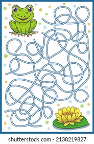 Kids maze game. Labyrinth for Maze game. Kids labyrinth for children. Riddle find way frog to lily. Education activity page. Vector illustration.