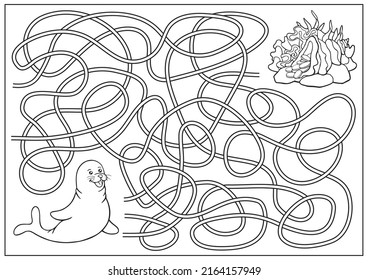 Kids maze game and labyrinth. Children education riddle and coloring book. Find way for the seal to treasure. Education activity page and worksheet. Cartoon sea vector illustration.