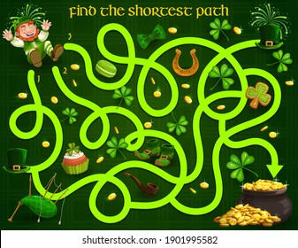 Kids maze game with st Patricks day leprechauns, gold, clover and sweets. Vector labyrinth puzzle find shortest path, family board game. Task with tangled way, educational children preschool riddle