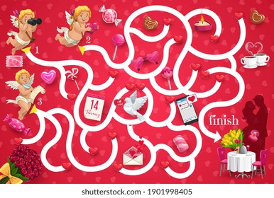 Kids maze game with Valentines day cupids and kissing loving couple. Vector labyrinth puzzle find correct way board game. Task with tangled path and angels. Educational children family activity riddle