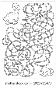 Kids Maze Game With Vector Illustration Of Cute Dinosaur. Children Worksheet And Coloring. Activity Page. 