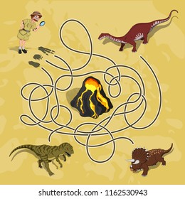 Kids maze. Labyrinth of dino way. Help the researcher find traces of dinosaurs. Vector illustration