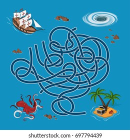 Kids maze. Labyrinth treasure hunters. Help the ship find the way to the island. Vector illustration