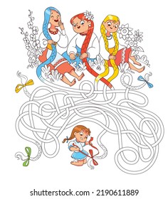 Kids maze puzzle. Color the womens pigtails to the end and find out which pigtail the little girl is braiding. Cartoon characters. Funny vector illustration. Isolated on white background