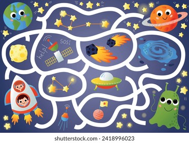 Kids maze puzzle. Educational game for children with adventures in space. Labyrinth with planets, comets, rocket and aliens. Help characters reach their goal. Cartoon flat vector illustration