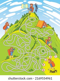 Kids maze puzzle. Go through the labyrinth and help the tourist get to the top of the mountain. Cartoon characters. Funny vector illustration