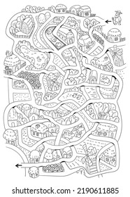 Kids maze puzzle. Help to get to the goal along the tangled roads in the village. Cartoon characters. Funny vector illustration. Isolated on white background. Black and white. Coloring book