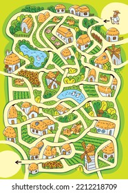 Kids maze puzzle. Help to get to the goal along the tangled roads in the village. Colorful cartoon character. Funny vector illustration