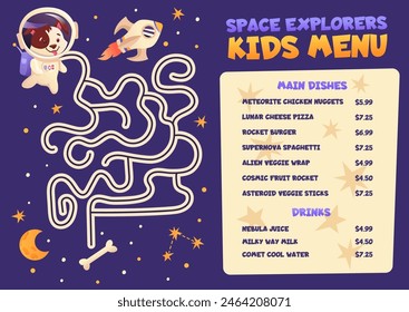 Menú de comida para niños mantel con lindos y coloridos animales astronautas. Fondo de la galaxia espacial con el juego del laberinto. Plantilla de Vector de dibujos animados