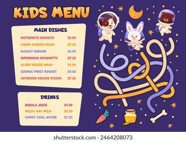 Kids meal menu placemat with cute colorful astronaut animals. Space galaxy background with maze game. Cartoon vector template