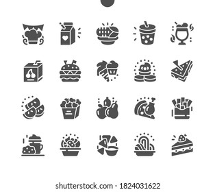 Kids meals. Delicious hamburger, pizza, juice, corn, sandwich for kids party. Kid's menu for restaurant and cafe. Vector Solid Icons. Simple Pictogram