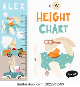 Kids measure chart with cute forest bunny. Heights for school, kindergarten, nursery design. Vector illustration. Woodland animals. Woodland animals.