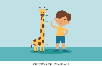 Kids measuring height of her growth  on the background of wall 