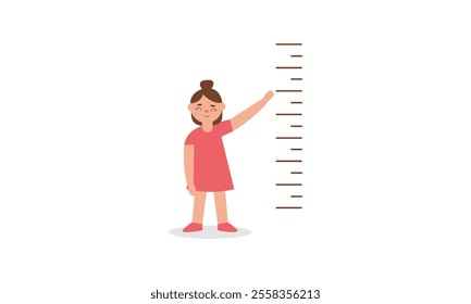 Kids measuring height of her growth  on the background of wall 