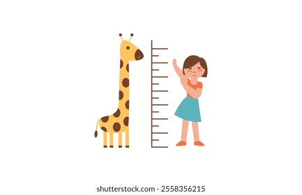 Kids measuring height of her growth  on the background of wall 